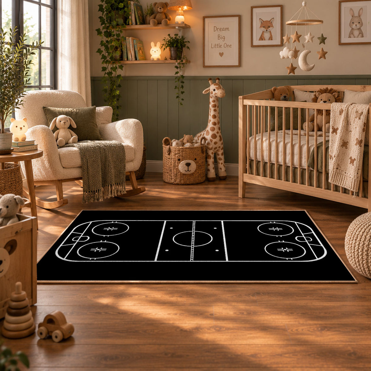 Minimal Black Hockey Rink Rug displayed in a nursery room
