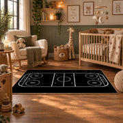 Minimal Black Hockey Rink Rug displayed in a nursery room