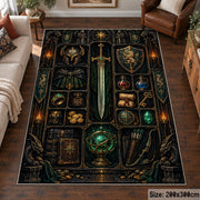 Dark fantasy sword and relics area rug in a sitting room