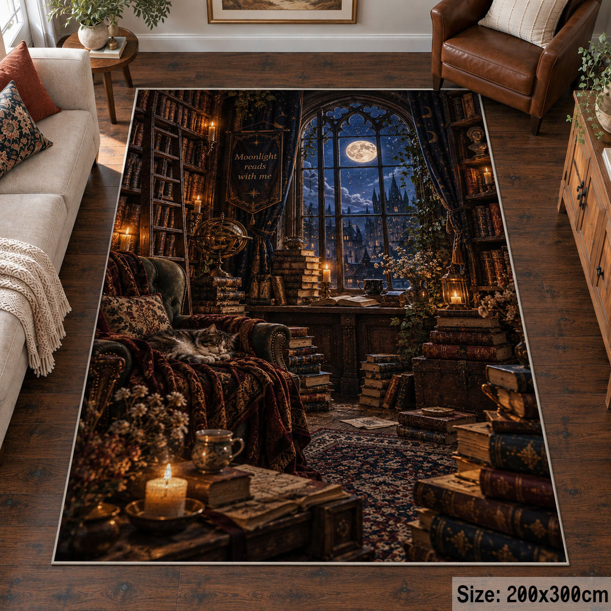 Moonlit Library Reading Nook Area Rug shown in room setting, view 6