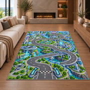 Winding Green City Roads Rug, Blue River Town Area Carpet for Kids Bedroom and Playroom Decor - image 6