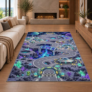 Purple Futuristic City Road Rug, room view 6