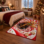 A cheerful gingerbread figure with a green bow pops out of a bold peppermint spiral; rug shown in a Christmas bedroom