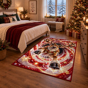 A smiling reindeer with a bell collar emerges from sweeping red and golden spiral rings; rug shown in a Christmas bedroom