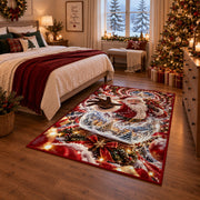 Santa reaches out from a sparkling snow globe containing a miniature snowy village; rug shown in a Christmas bedroom