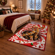 A friendly gingerbread figure steps out of a swirling cookie-filled tunnel; rug shown in a Christmas bedroom