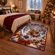 A smiling reindeer emerges from a blue snow spiral surrounded by golden lights and snowy branches; rug shown in a Christmas bedroom