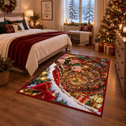 A smiling elf leans over a sweeping spiral of glowing toys and wrapped presents; rug shown in a Christmas bedroom