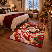 Santa peeks out of a sparkling candy cane spiral with a white-gloved hand resting in front; rug shown in a Christmas bedroom