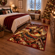 A decorative nutcracker soldier in an ornate red and blue uniform holds a golden sword within glowing spiral rings; rug shown in a Christmas bedroom