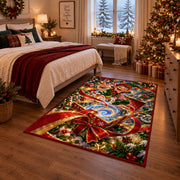 A cheerful elf rises above an open gift box spilling a blue and golden swirl; rug shown in a Christmas bedroom