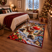 A playful reindeer with a bright red nose leaps forward above a snowy blue village; rug shown in a Christmas bedroom