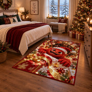 A friendly red furry monster wearing a Santa hat reaches through a glowing spiral of presents; rug shown in a Christmas bedroom