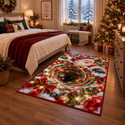 Santa appears above a deep red and green spiral edged with glowing golden lights; rug shown in a Christmas bedroom