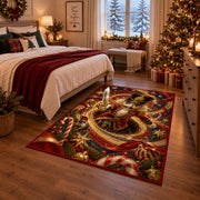 A red-uniformed nutcracker soldier holds a shining sword as it emerges from a golden spiral; rug shown in a Christmas bedroom