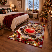 A cheerful reindeer with a large red nose peeks through snowy rings of golden lights; rug shown in a Christmas bedroom