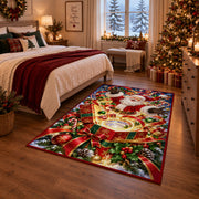 Santa rises above an open present filled with glowing golden spiral rings; rug shown in a Christmas bedroom