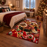 A happy golden puppy in a Santa hat and red sweater raises a soft paw toward the viewer; rug shown in a Christmas bedroom