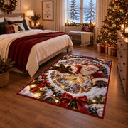 Santa reaches forward over a golden-lit winter village encircled by swirling snow; rug shown in a Christmas bedroom