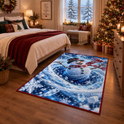 A smiling snowman in a black top hat and flowing red scarf stands within swirling snow; rug shown in a Christmas bedroom