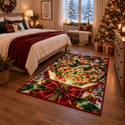 A smiling elf appears above a glowing gift box filled with green and golden swirls; rug shown in a Christmas bedroom