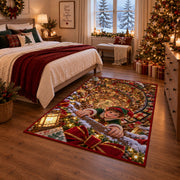 Christmas Elf Toy Workshop Rug next to a bed in a Christmas bedroom
