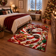 Santa Curved Candy Cane Christmas Rug next to a bed in a Christmas bedroom