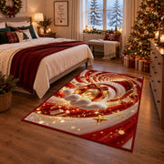 Santa Glove Golden Ornament Christmas Rug next to a bed in a Christmas bedroom