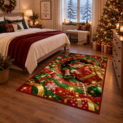 Christmas Elf Holding Gift Rug next to a bed in a Christmas bedroom
