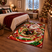 Cheerful Santa Christmas Rug next to a bed in a Christmas bedroom