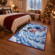 Snowman Blue Snowflake Spiral Christmas Rug next to a bed in a Christmas bedroom