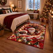 Santa Red Gold Christmas Spiral Rug next to a bed in a Christmas bedroom
