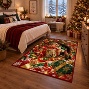 Christmas Elf Wrapped Present Rug next to a bed in a Christmas bedroom