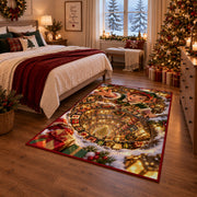 Christmas Elf Golden Workshop Spiral Rug next to a bed in a Christmas bedroom