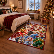 Santa Flying Presents Christmas Rug next to a bed in a Christmas bedroom