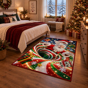 Santa Red Green Snow Spiral Christmas Rug next to a bed in a Christmas bedroom