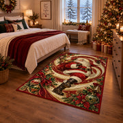 Santa swirl Christmas rug next to a bed in a Christmas bedroom