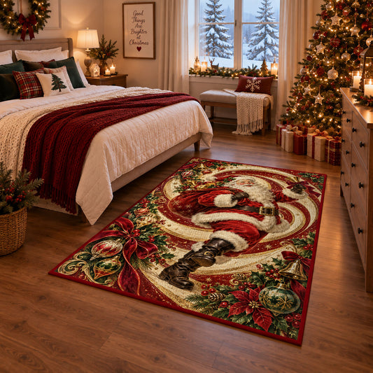 Santa swirl Christmas rug next to a bed in a Christmas bedroom