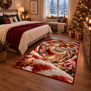 Golden Bell Christmas Rug next to a bed in a Christmas bedroom