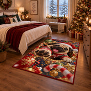 Santa Hat Christmas Rug next to a bed in a Christmas bedroom