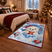 Cute Polar Bear Christmas Rug next to a bed in a Christmas bedroom