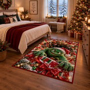 Green Holiday Monster Rug next to a bed in a Christmas bedroom