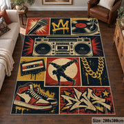 Hip Hop Street Music Collage area rug in navy, red and gold, view 6