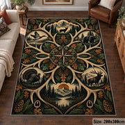 Deer Antler Woodland Emblem area rug in deep green, tan and brown, view 6