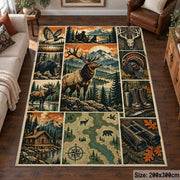 Wildlife Hunting Camp Collage area rug in pine green, warm beige and orange, view 6