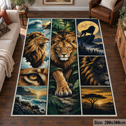 Lion Savanna Panel Collage area rug in gold, olive and midnight blue, view 6