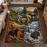 Four Season Hunting Wildlife area rug in autumn orange, snow blue and forest green, view 6