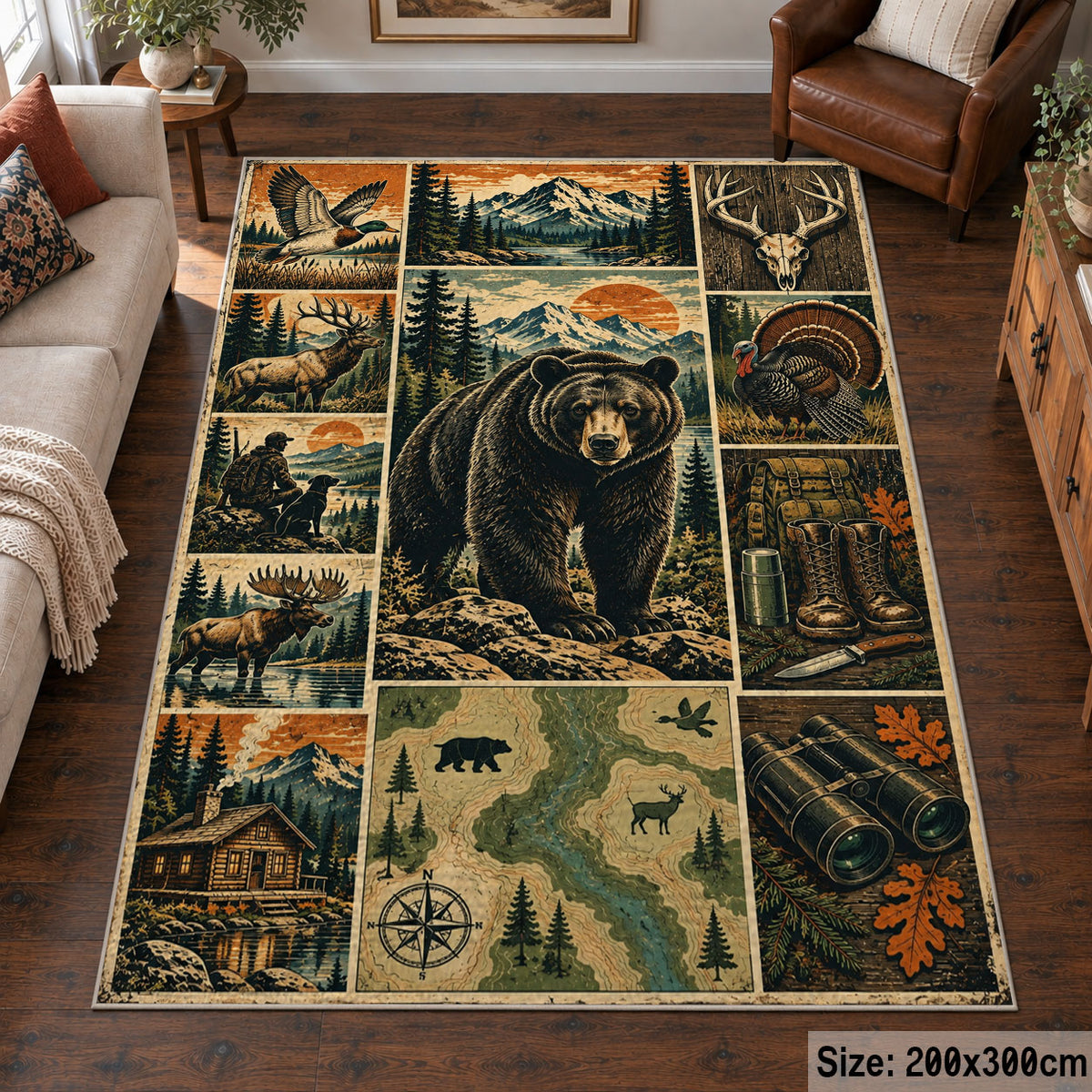 Bear and Deer Woodland Collage area rug in olive green, brown and cream, view 6