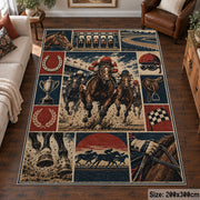 Galloping Racehorses and Track Panels area rug in muted red, navy and sepia, view 6