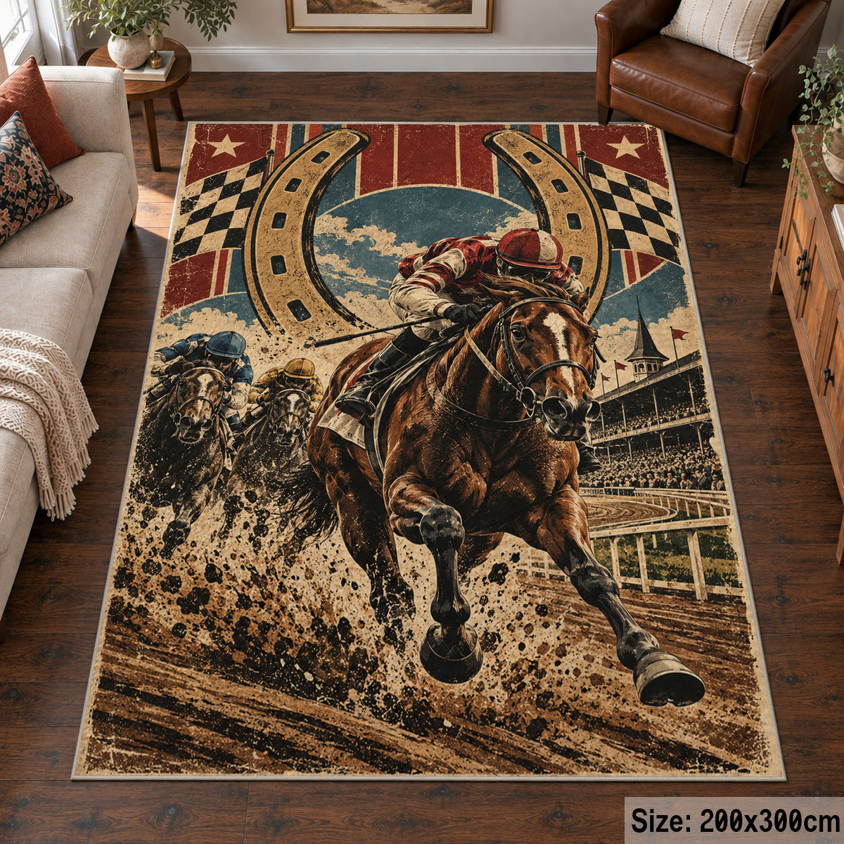 Galloping Horse and Horseshoe Medallion area rug in tan, brown and dark green, view 6